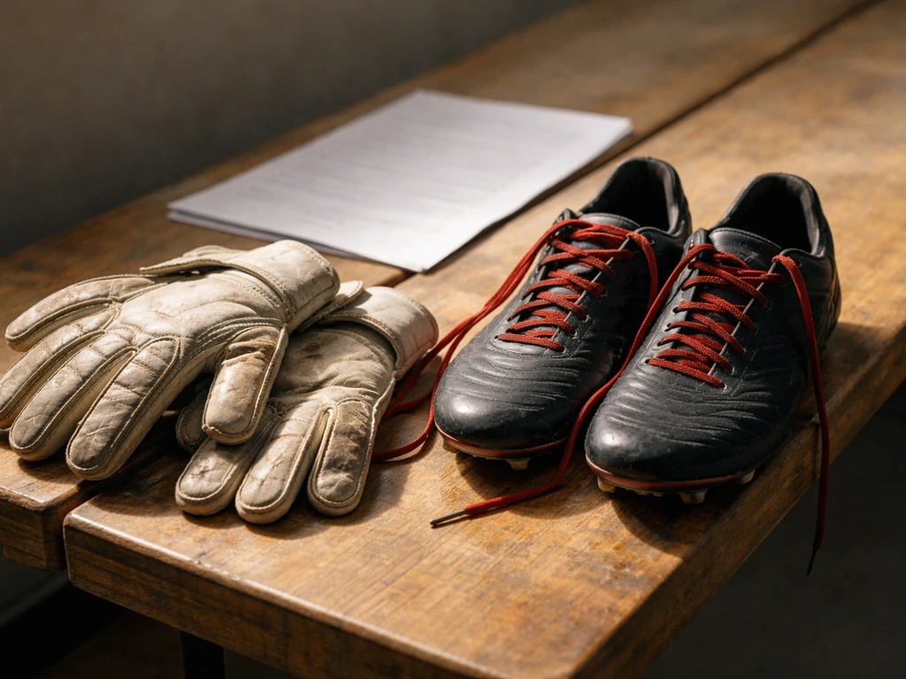 Close-up of goalkeeper gloves and boots beside a blank sponsorship-style document on a wooden bench.