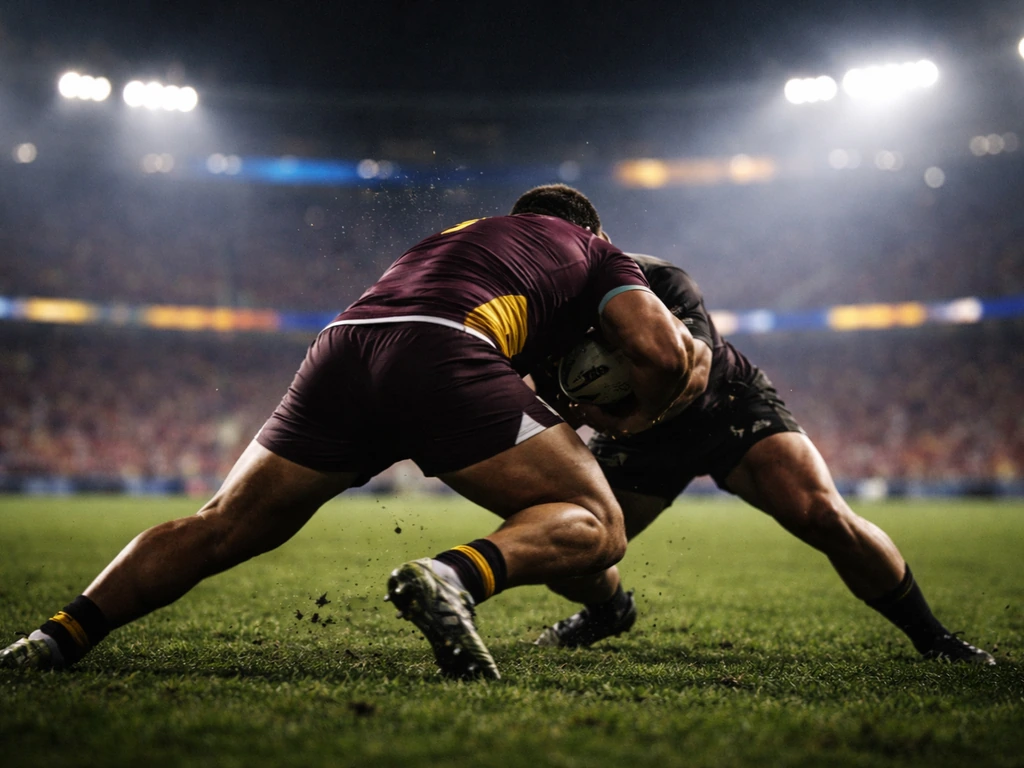 Anonymous NRL front-row prop rugby player driving forward under stadium lights at night