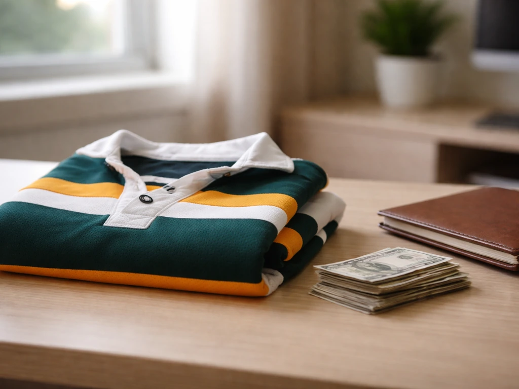 Minimal photo of a folded rugby league jersey and a small stack of cash in a modern home office