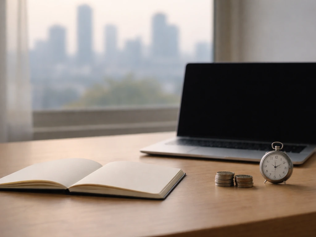 Minimal desk scene with coins, pocket watch, and blank notebook symbolizing a wealth timeline over years
