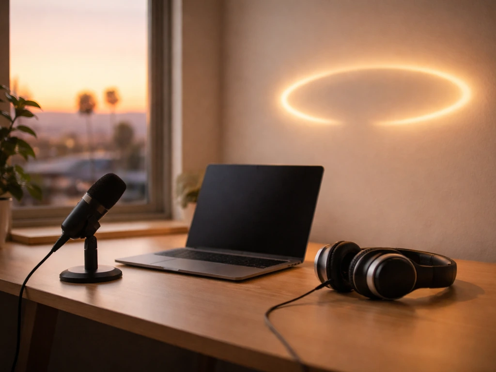 Minimal photo of a Los Angeles–style mental health tech desk with an AI-themed headset and calm lighting