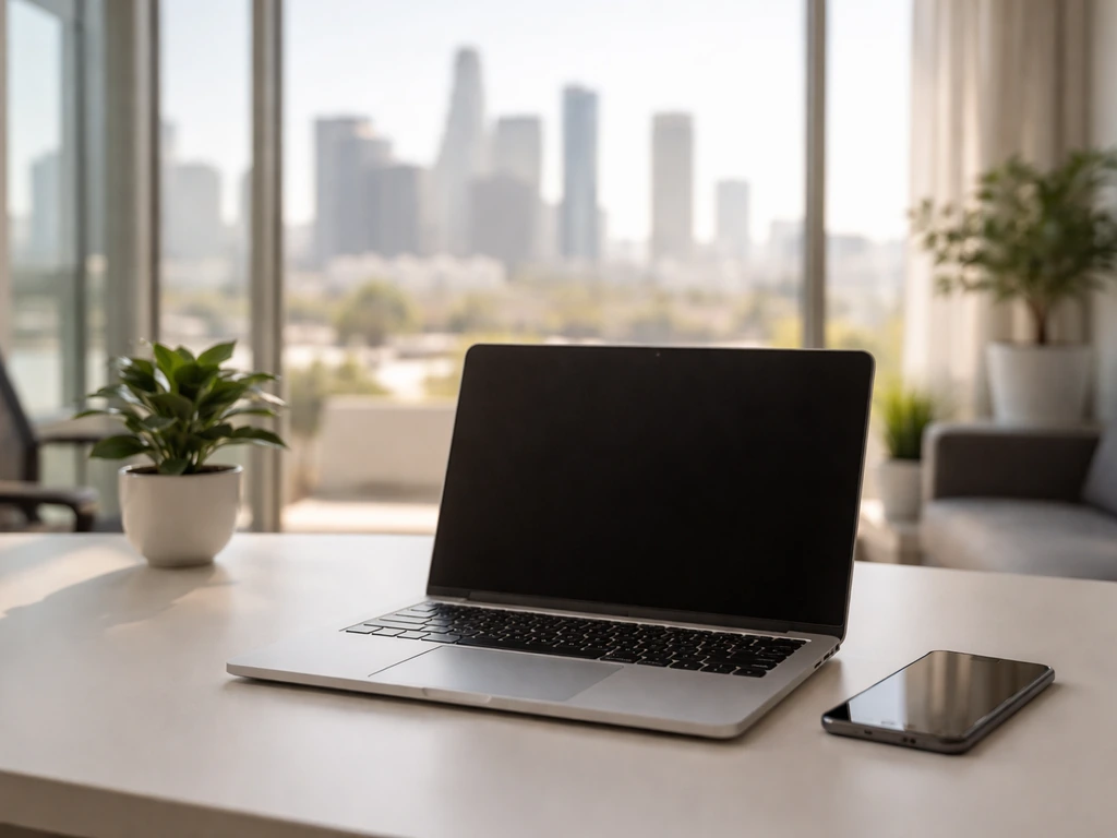 Minimal photo of a quiet modern workspace with a smartphone and laptop, symbolizing a public-tech founder profile.