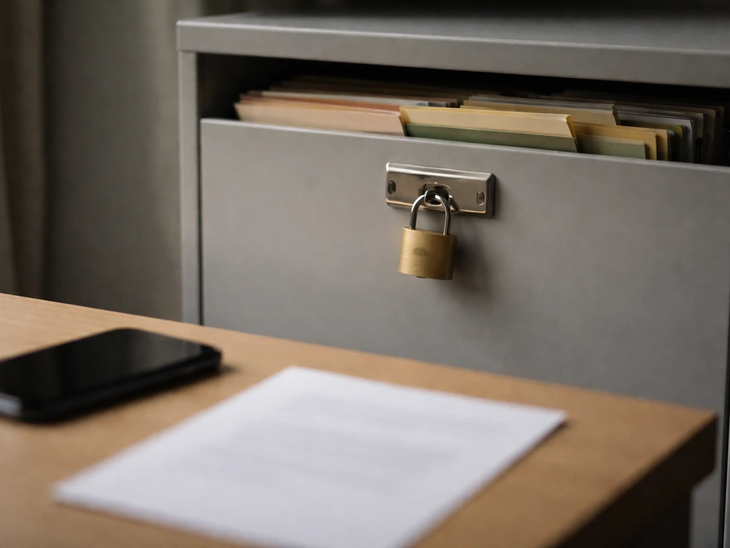 Locked filing cabinet with padlock and blank paper on a desk, symbolizing unverifiable private wealth.