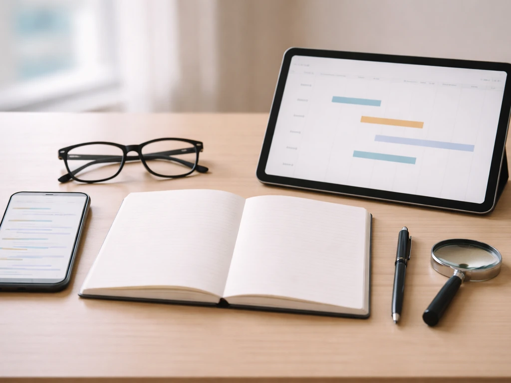 Minimal desk scene with notebook, phone, tablet, pen, and magnifying glass for verifying a financial estimate.