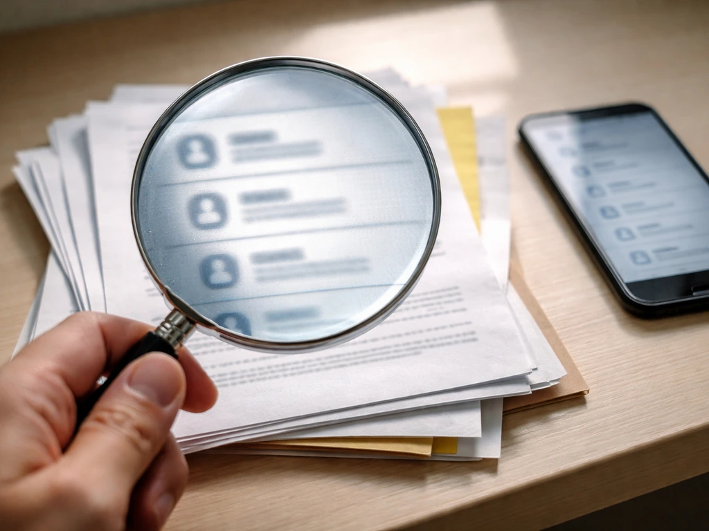 Magnifying glass examining matching names on documents and phone screen to confirm the right person.