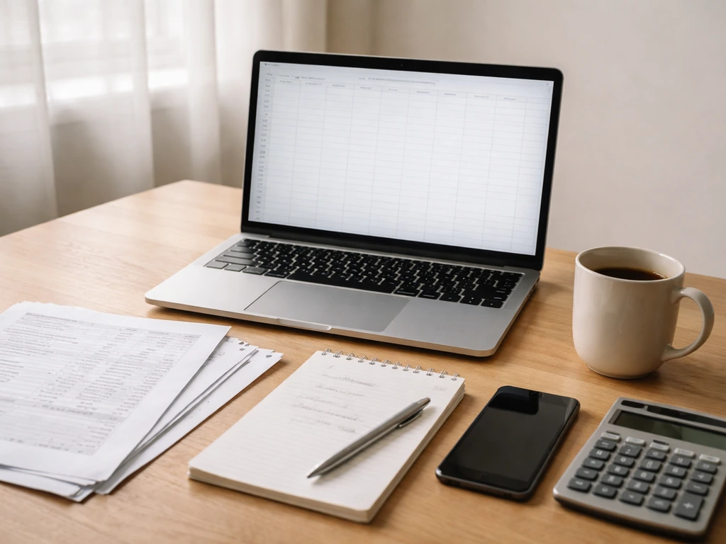 Minimal desk setup with laptop spreadsheet grid, calculator, and papers for rough net worth estimating.