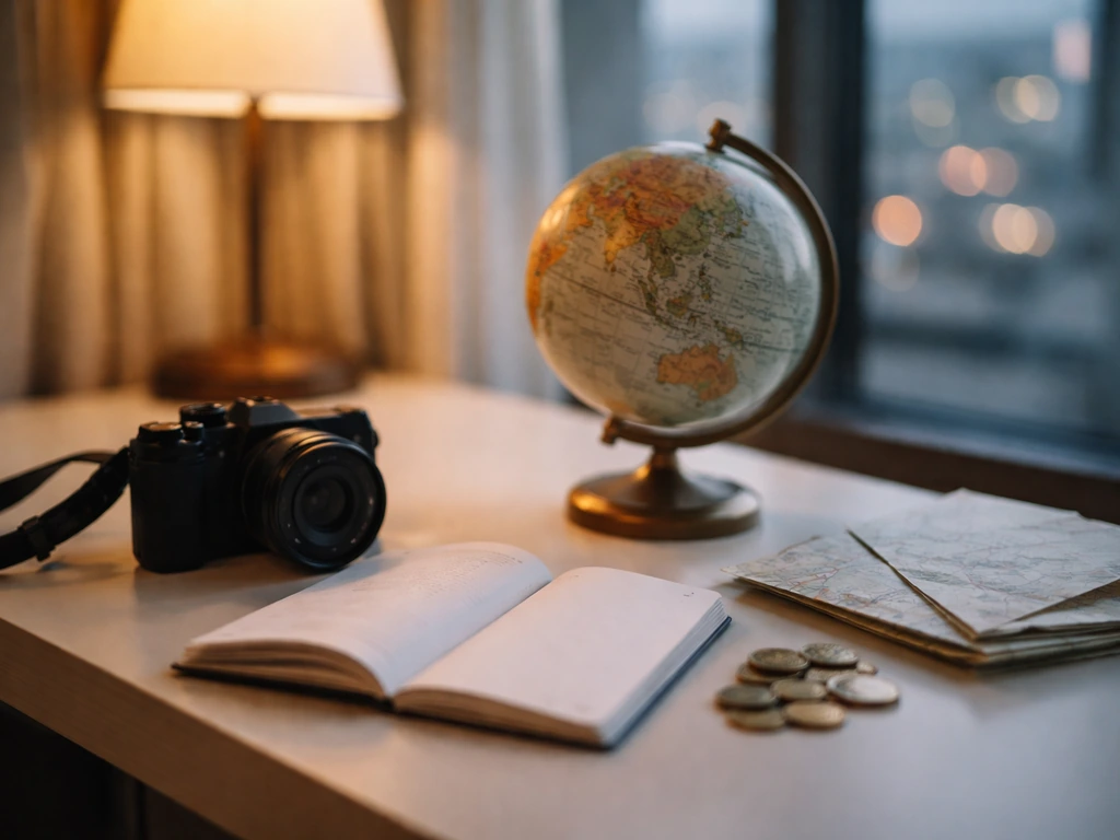 Minimal travel-themed desk scene with camera, passport, and a globe suggesting net worth research
