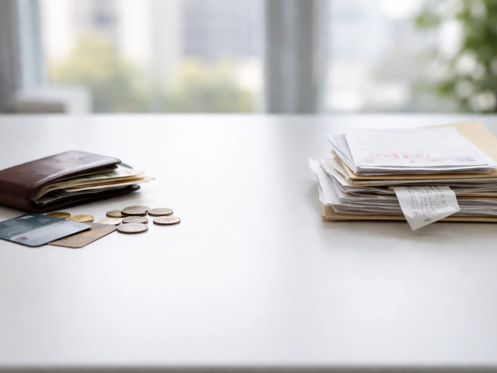 Desk scene with coins and wallet beside letters and a folder to suggest assets minus liabilities.