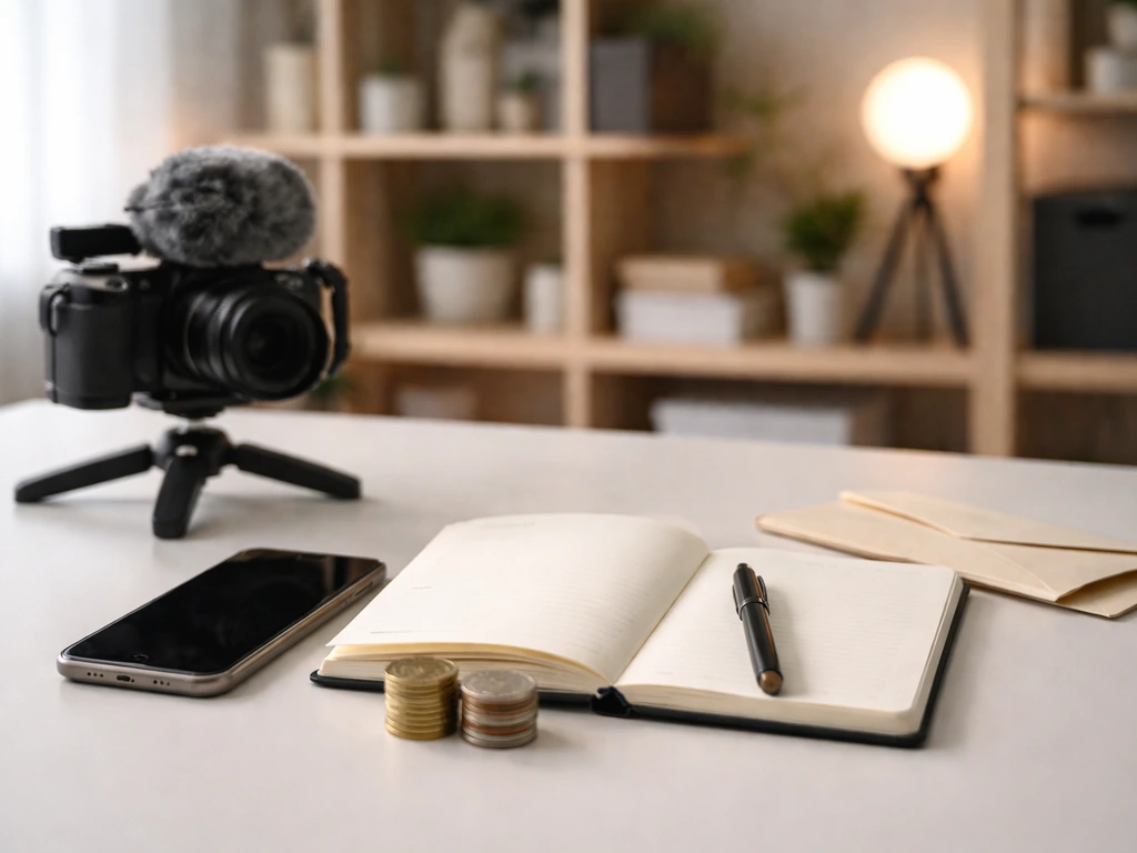 Minimal creator desk with smartphone, camera gear, coins and envelopes symbolizing income streams.