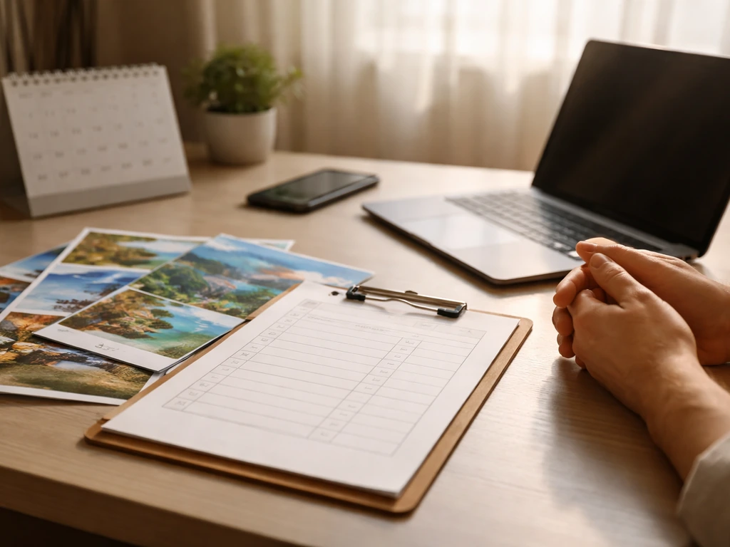 Tour operations desk with an open laptop, travel brochures, and a simple itinerary board in natural light.