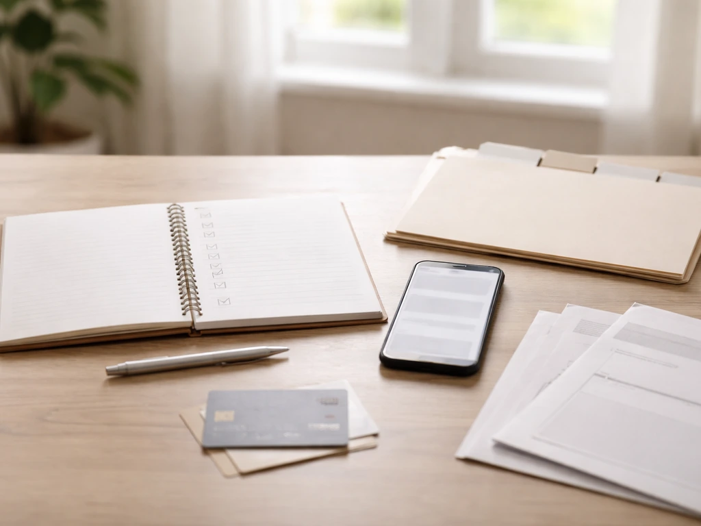 Minimal desk with open blank checklist notebook, smartphone, and blank financial documents in natural light.