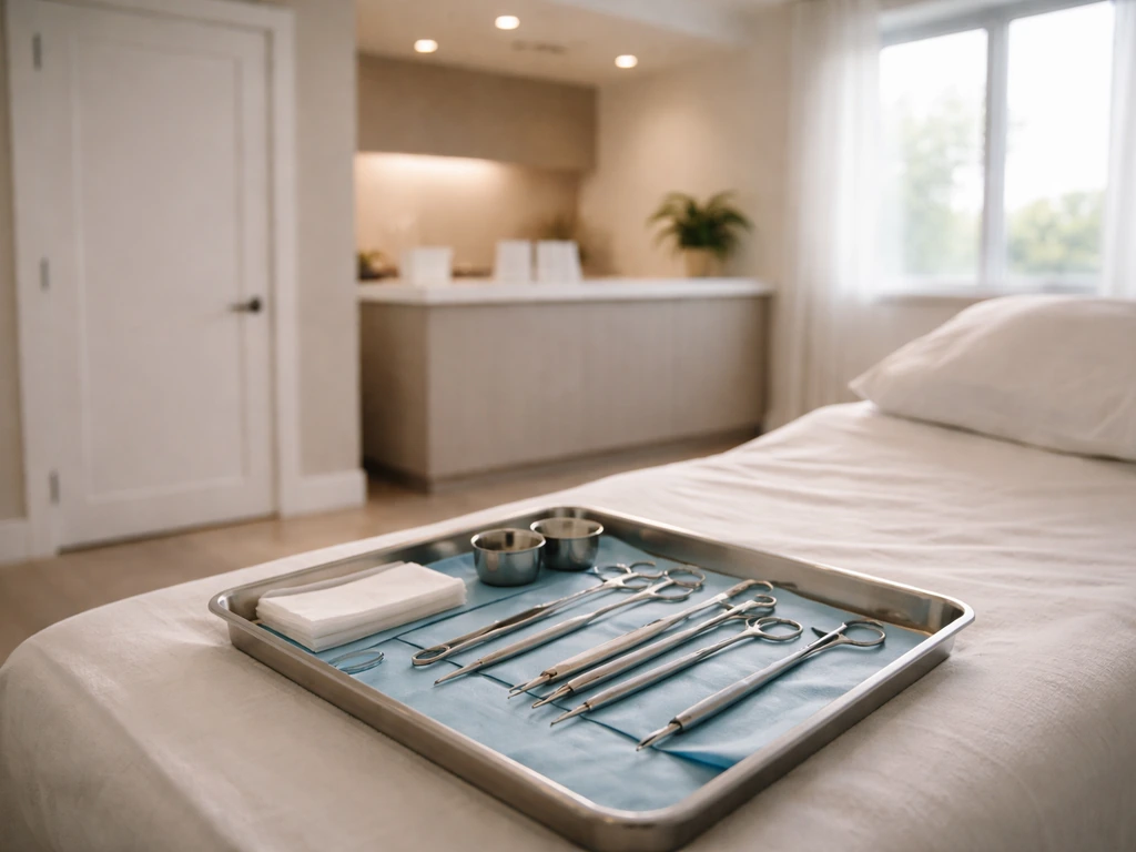 Calm clinic exam room with surgical instruments and a desk, conveying credible professional expertise.