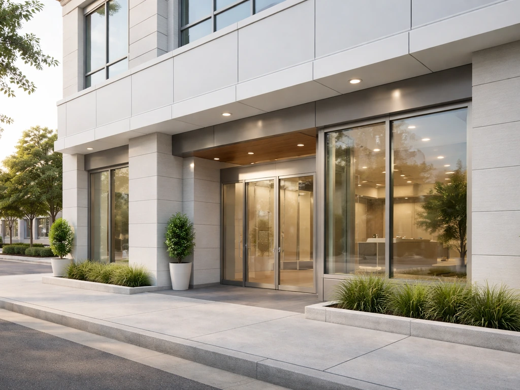 Street-level view of a modern medical clinic exterior with glass entrance, no people visible