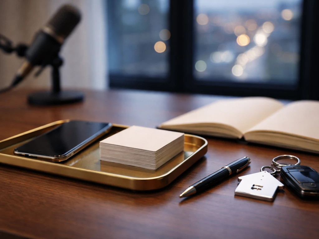 Anonymous desk with phone, business cards, key fob, and microphone suggesting income and media sources
