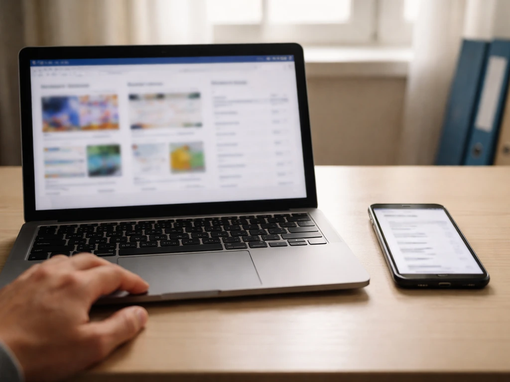 Minimal desk scene with phone and laptop showing conflicting financial estimate-style thumbnails, no readable text.