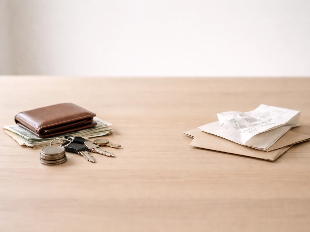 Minimal tabletop split of asset-like and liability-like objects separated to suggest net worth calculation.