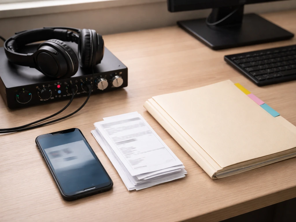 Minimal desk scene with blurred payout documents, royalty-style papers, headphones, and streaming device.