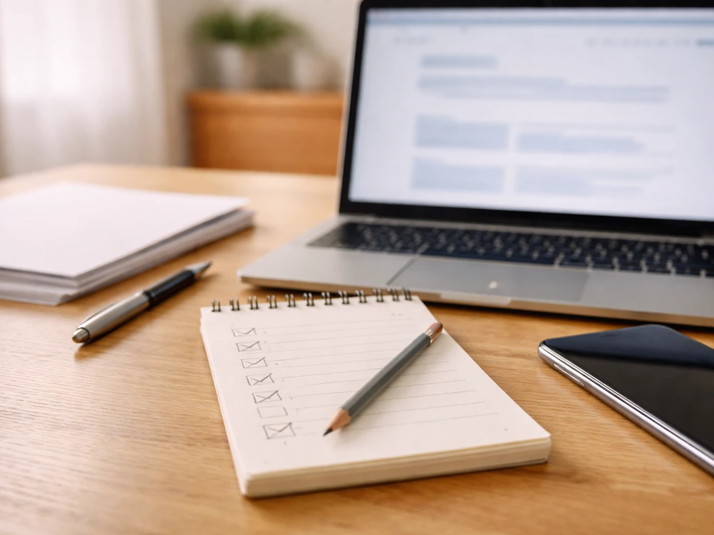 Close-up checklist notebook beside a laptop with blurred links, symbolizing verifying public records