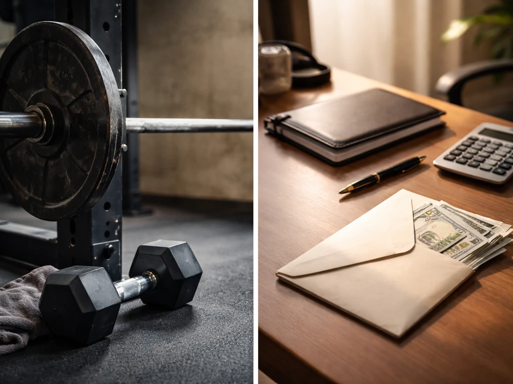 Minimal collage of fitness and business cues: gym weight plates and a tidy desk with a calculator and cash envelope.