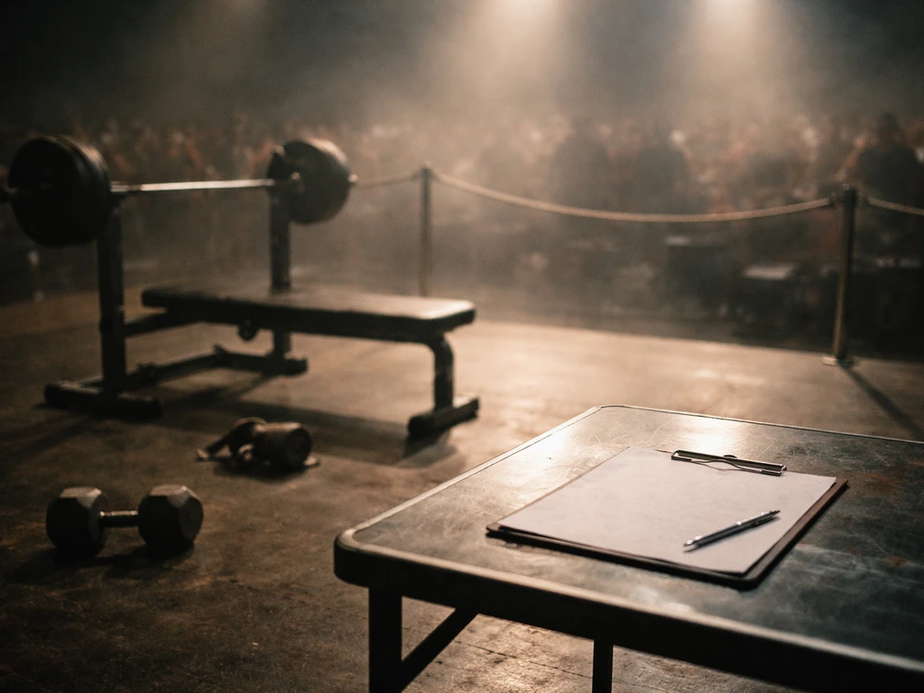 Empty IFBB competition stage with roped boundary, weights, and vintage film-grain atmosphere.