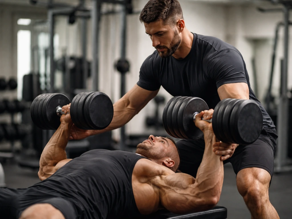 Trainer spotting an anonymous bodybuilder on a flat bench press in a quiet gym.