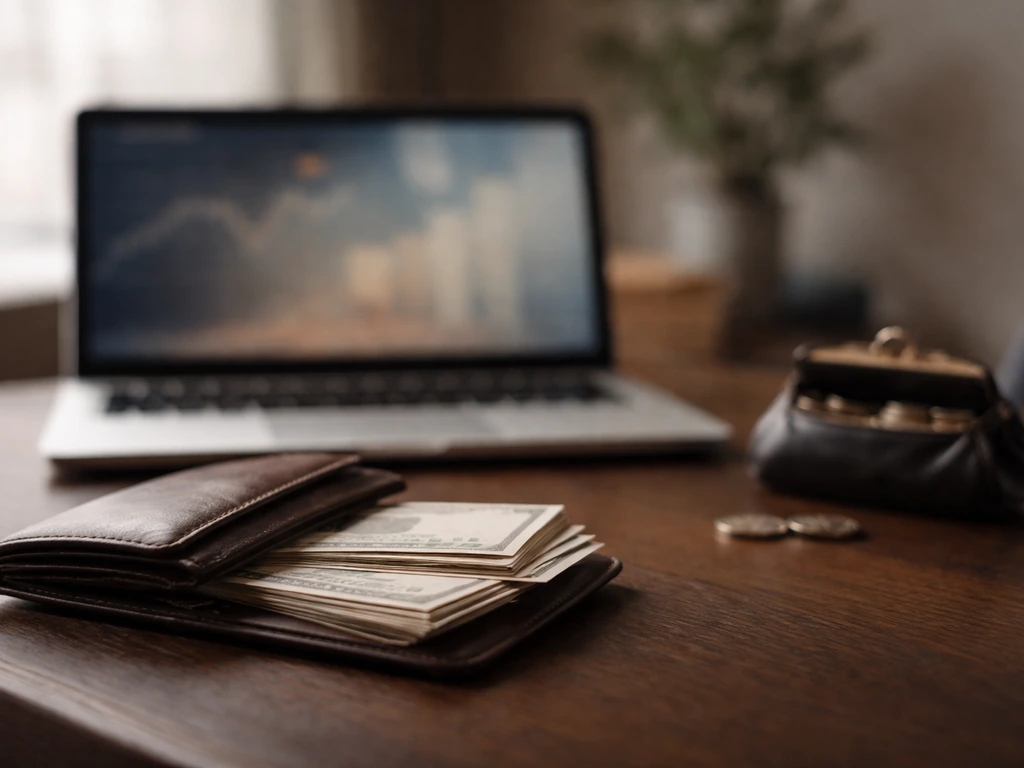 Minimal desk scene with open wallet and coins beside a laptop, symbolizing net worth estimates.