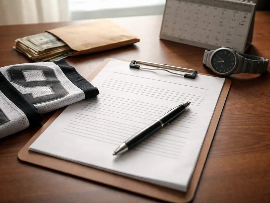 Close-up desk scene with a generic football contract, jersey number fabric, and calendar symbolizing club salaries