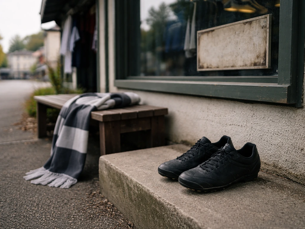 Small local football shop with subtle sponsorship cues like a muted sign and gear on display.