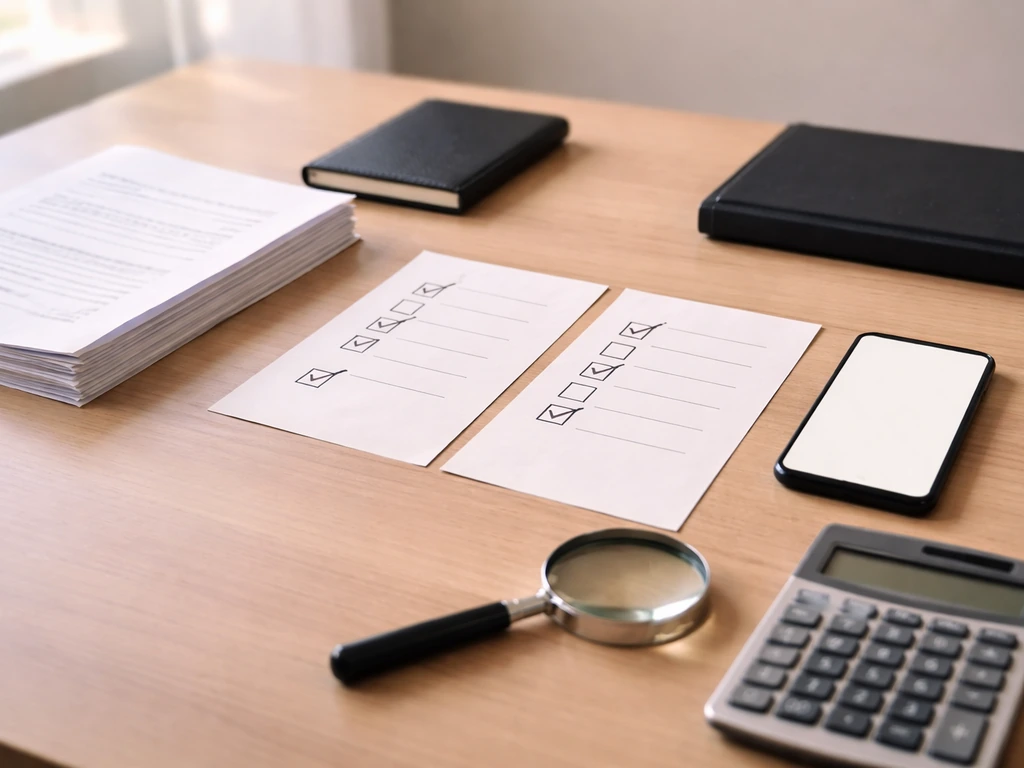 Office desk with documents, magnifying glass, calculator, and blank checklist papers for verification