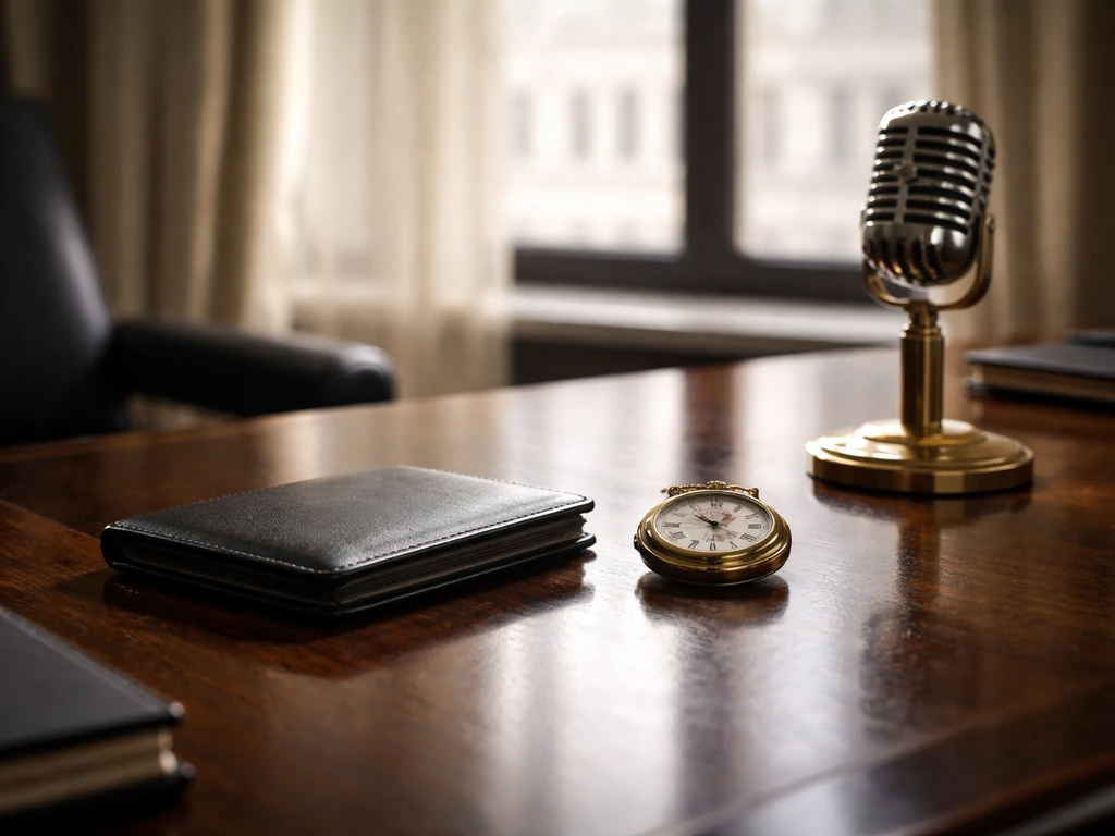 Luxury office desk with a vintage microphone and a closed leather wallet, symbolizing media and finance