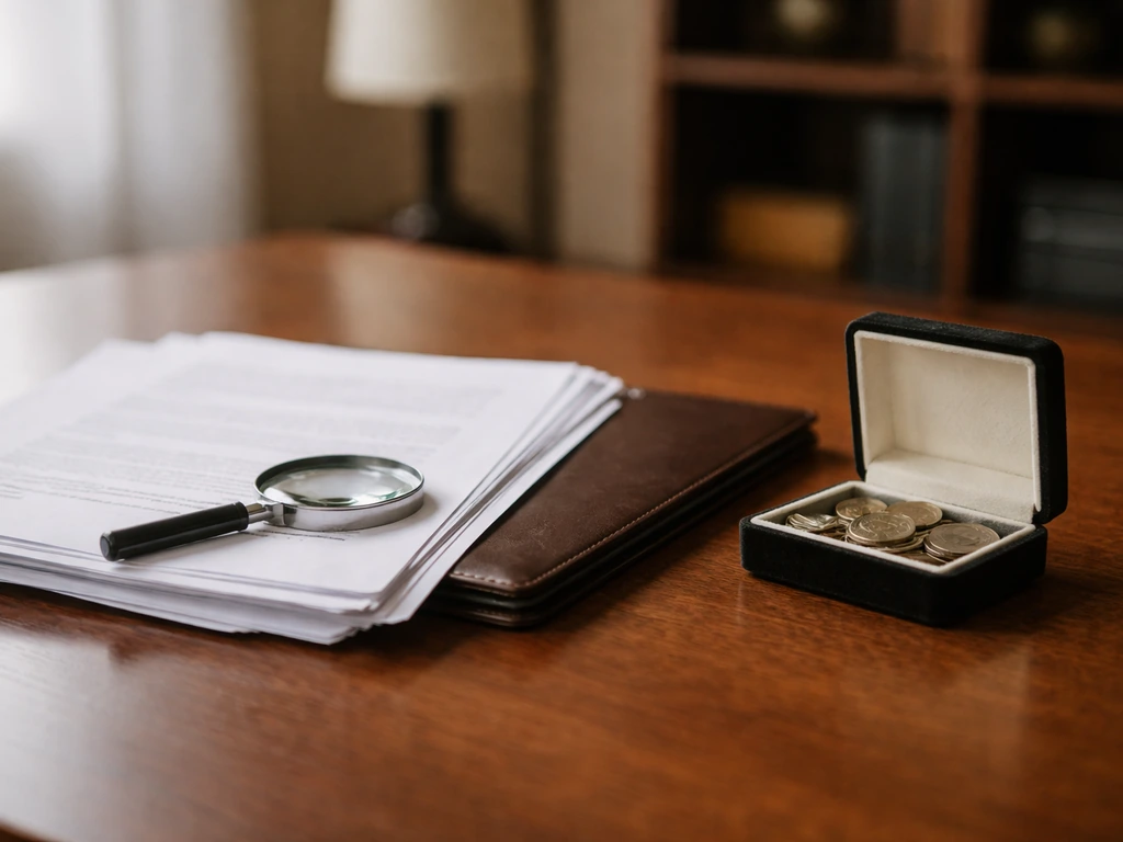 Minimal office scene with open folder, old records, and a closed jewelry box symbolizing cross-checked wealth estimates.