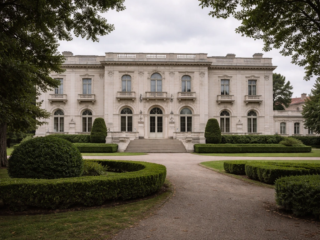 Exterior view of a Belgrade royal palace complex with pale stone facade and landscaped garden, no people.
