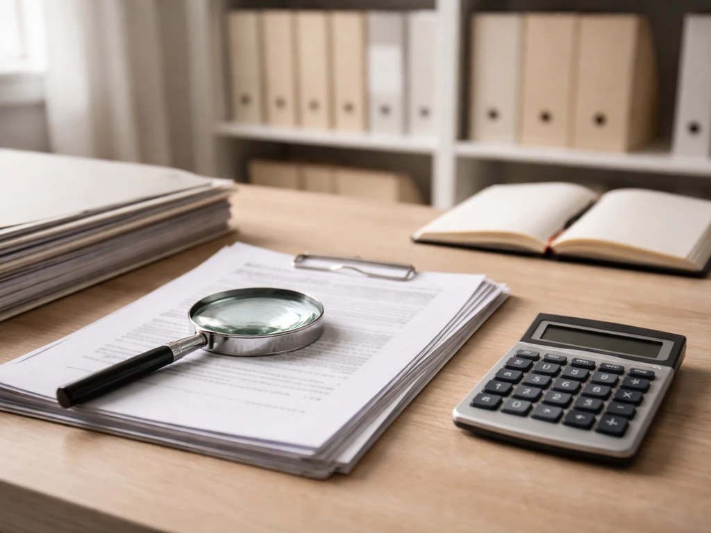 Minimal desk scene showing documents, a magnifying glass, and a calculator to verify a property estimate