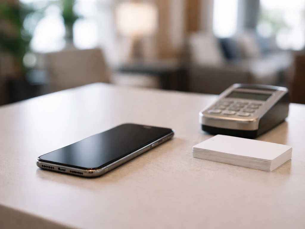 Smartphone and payment card reader on a desk with blurred travel/hospitality background, deal-analysis mood.