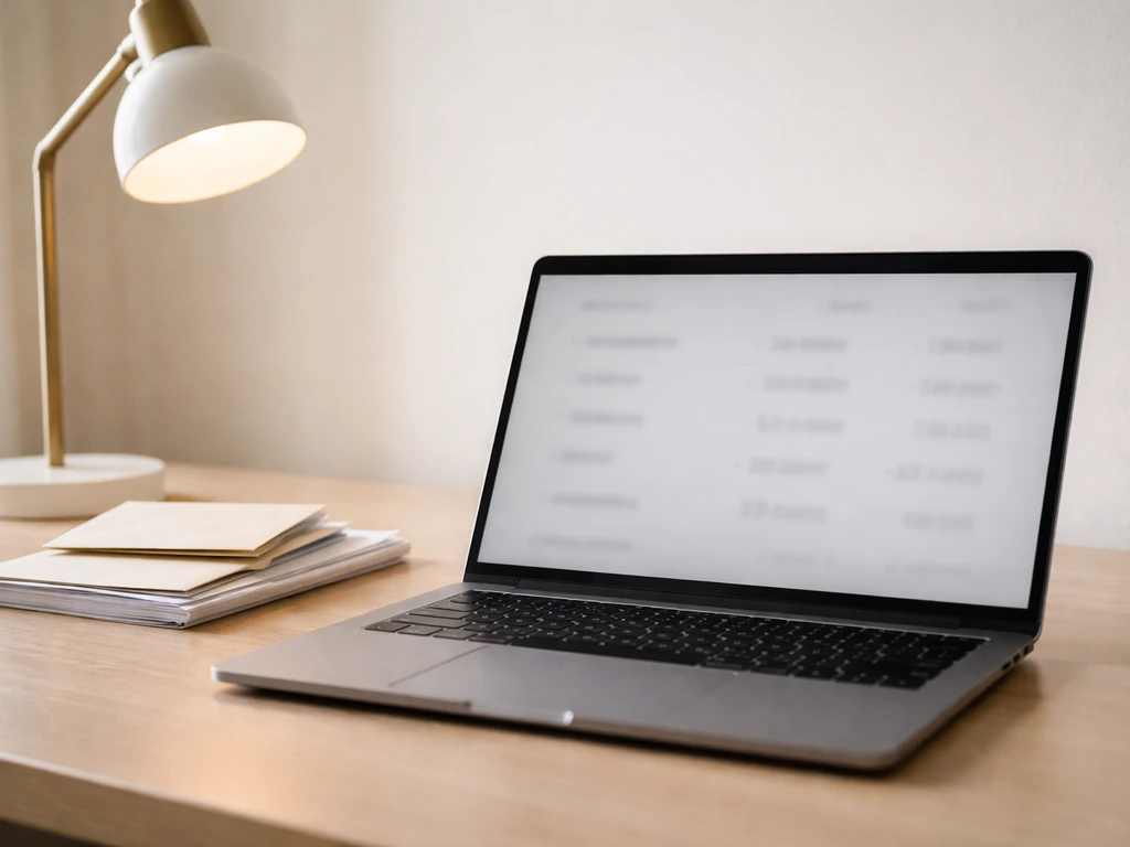 Minimal desk scene with a laptop showing blurred financial figures and small scattered envelopes, suggesting conflicting