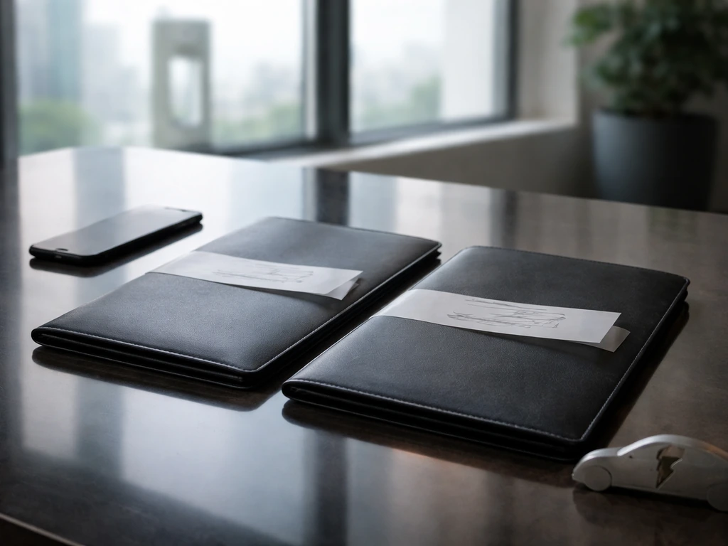 Minimal office scene with two overlapping name-like placeholders and a subtle Tesla cue, symbolizing confusion