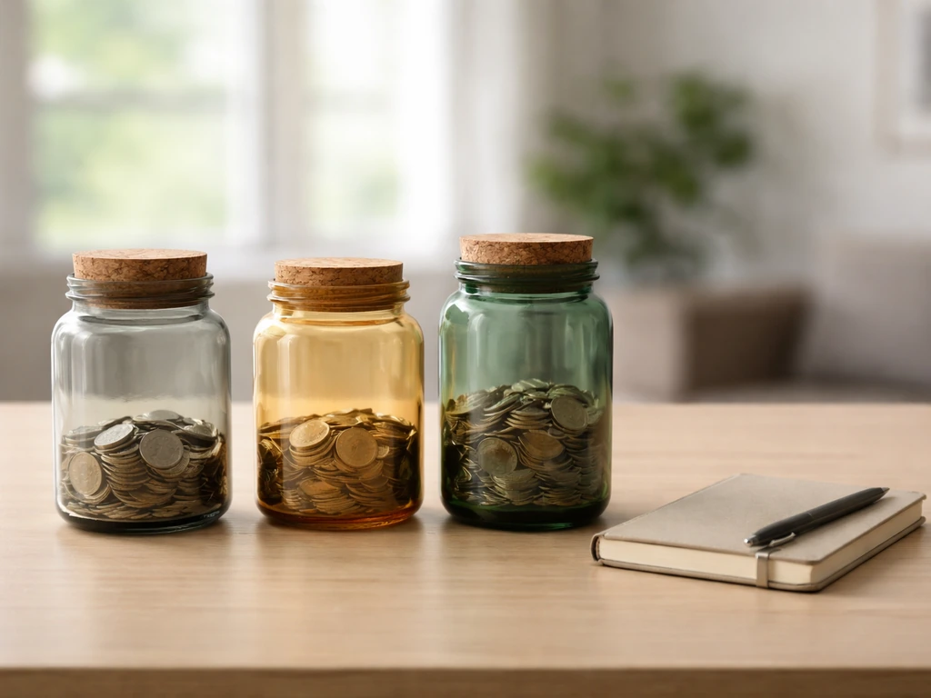 Minimal office desk with three unlabeled jars of different fill levels representing compensation components.