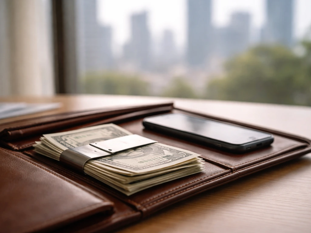 Minimal desk scene with cash and a money clip symbolizing an estimated net worth range.