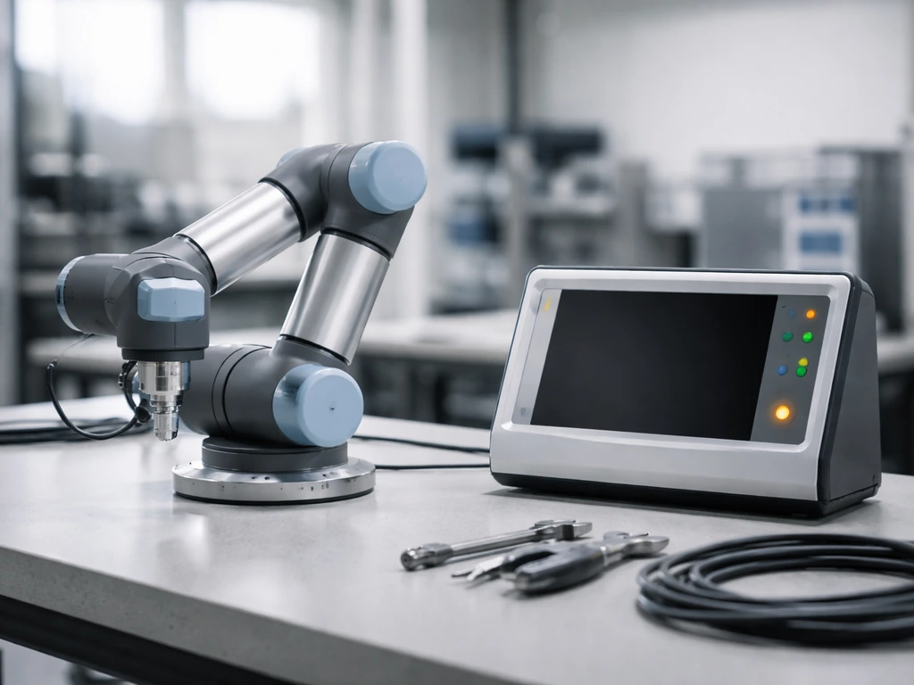 Minimal photo of a robotics control console beside a sleek metal robot arm in a bright tech workshop