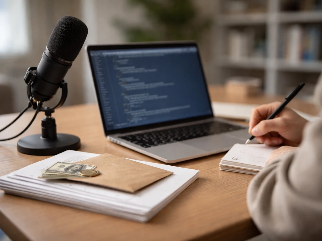 Candid desk scene with open laptop and microphone, suggesting AI research and financial estimation