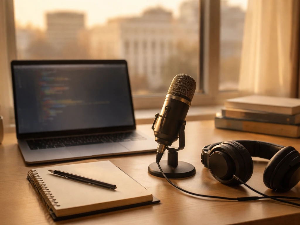 Minimal office desk scene with laptop, microphone, and AI/NLP research books in warm natural light.