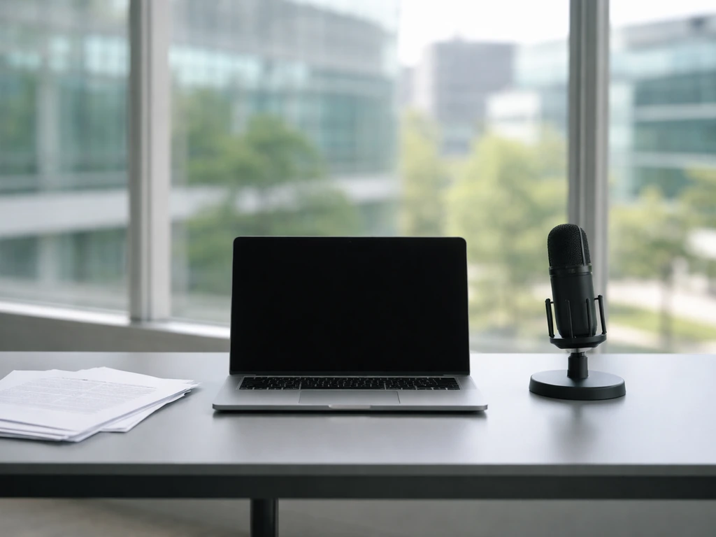 Quiet glass-walled office desk with laptop and microphone, suggesting industry AI research compensation.