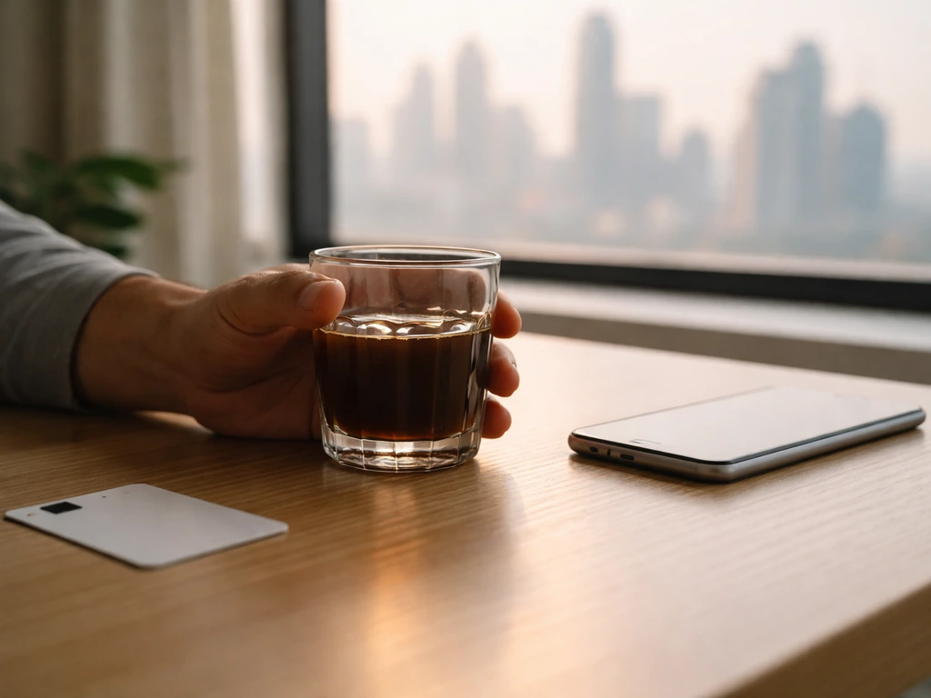 Anonymous hand and coffee on a simple desk with a smartphone and keycard, city skyline softly blurred.