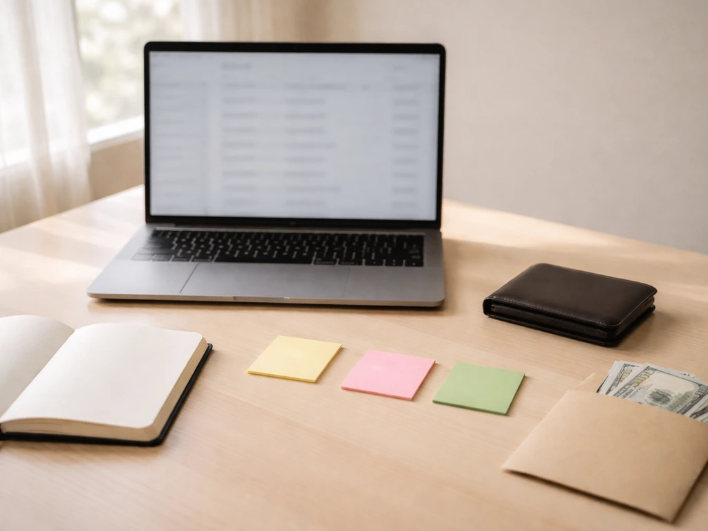Minimal desk photo with blurred laptop spreadsheet, wallet, and colorful sticky notes suggesting an estimate range.