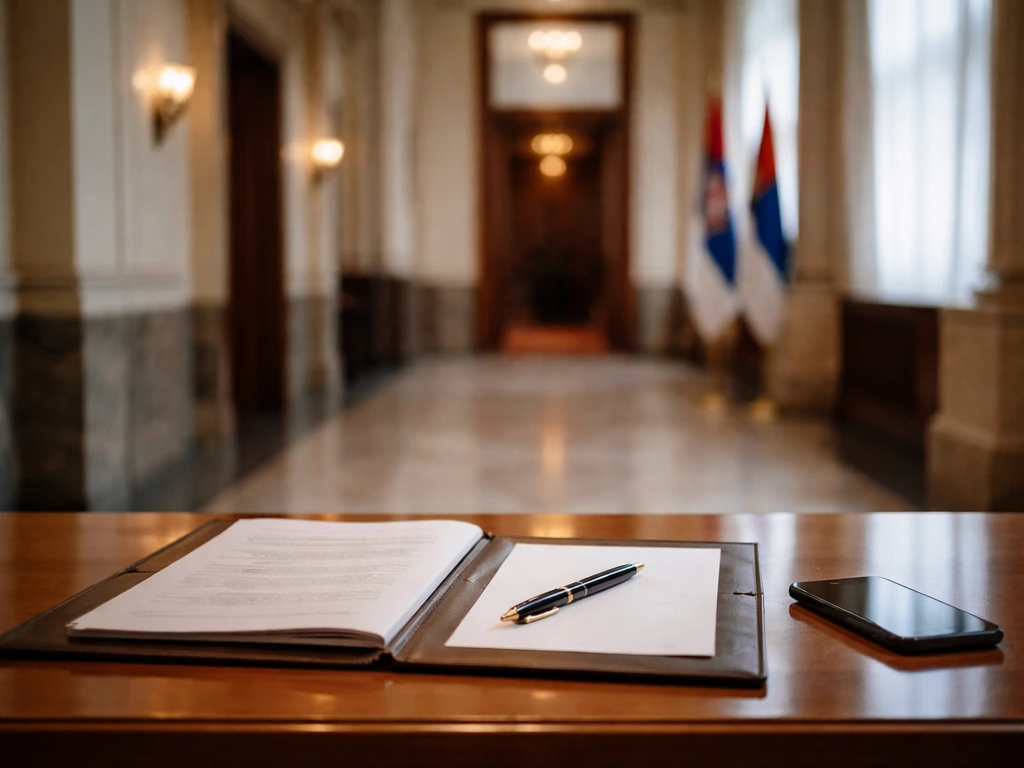 Government office hallway with an open folder and pen on a desk, symbolizing politics and public records.