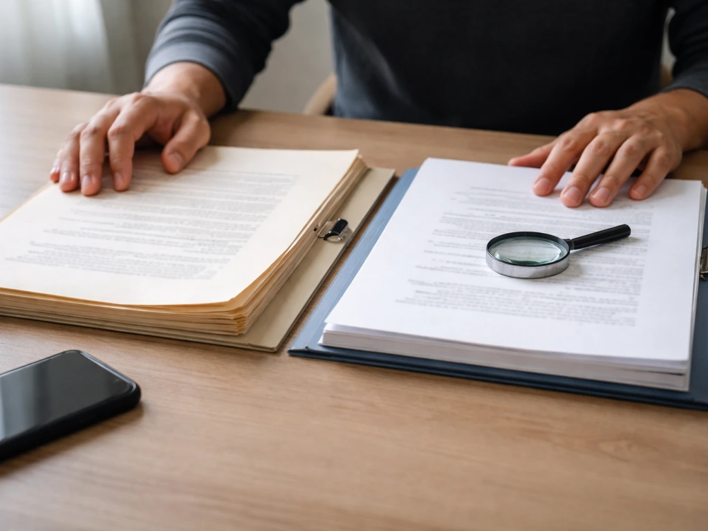 An anonymous desk with two folders and a smartphone, suggesting comparing conflicting financial claims.