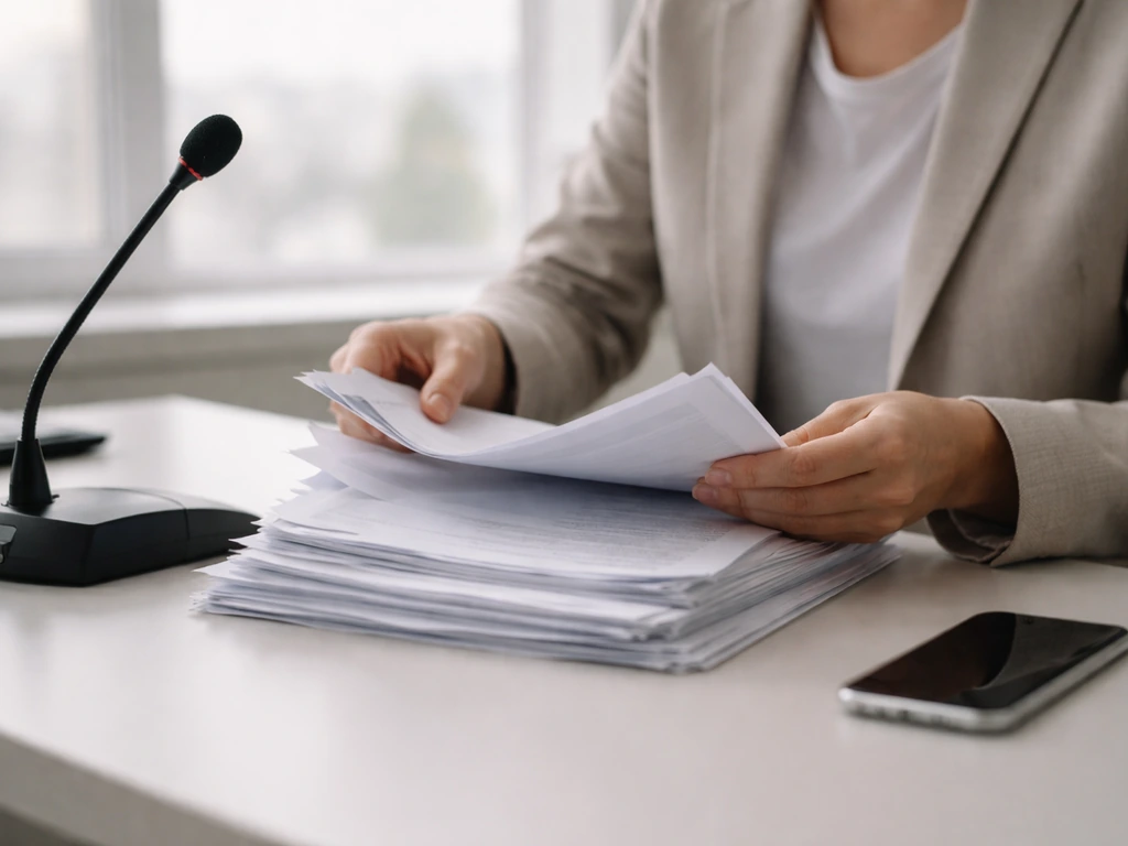 Anonymous hands at a desk with paperwork and a microphone, suggesting a UNICEF Montenegro context.