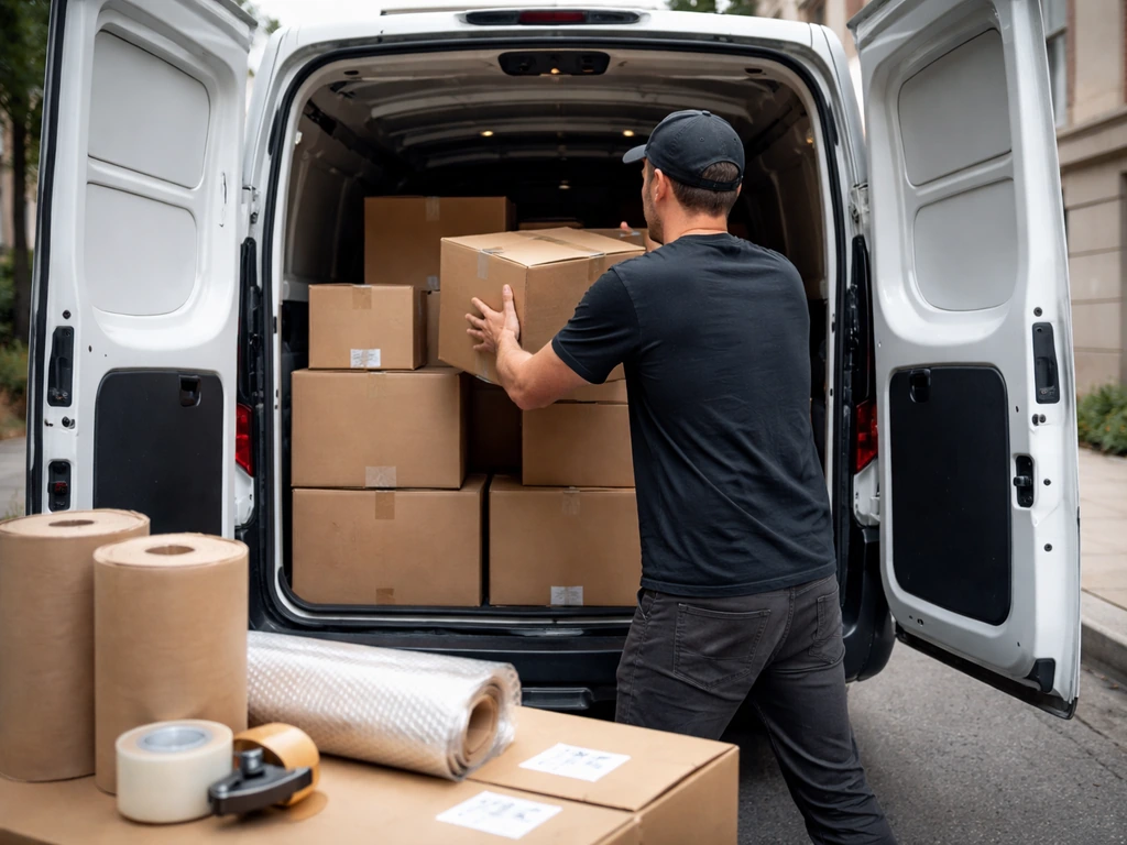 Worker loading moving boxes onto a van with packing supplies outside an apartment building