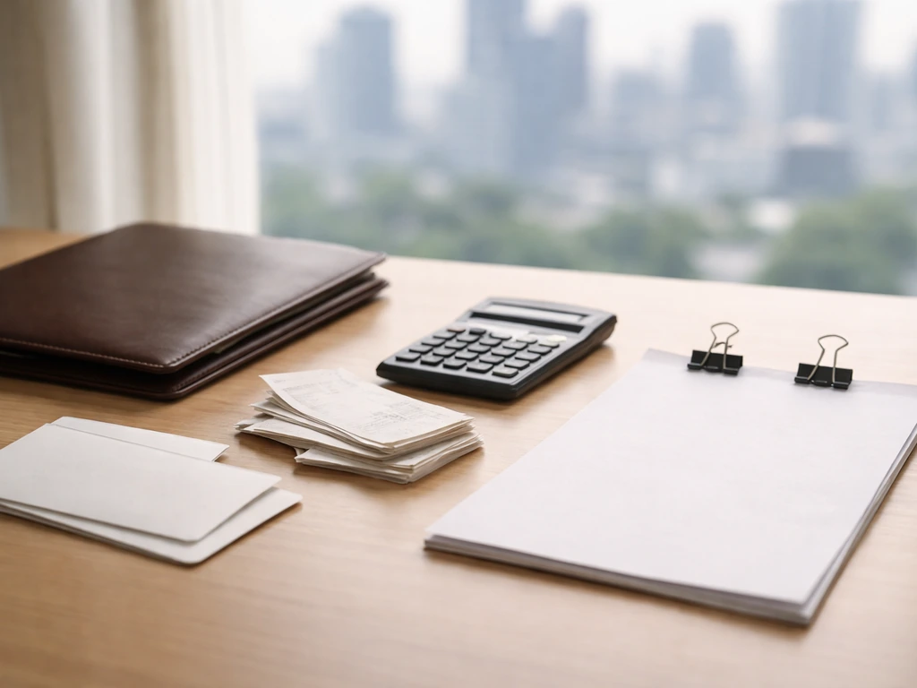 Minimal tabletop scene with envelopes, a calculator, and business folders suggesting an estimate breakdown.