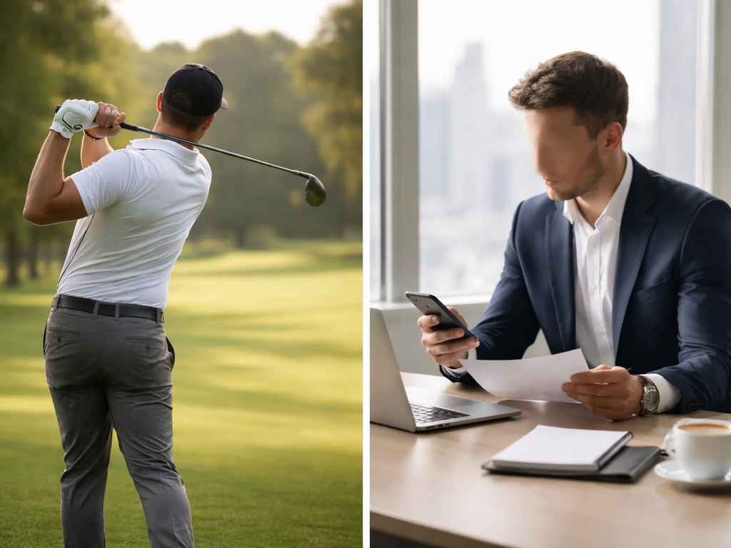 Split image showing a pro golfer on a course contrasted with a generic business man in an office